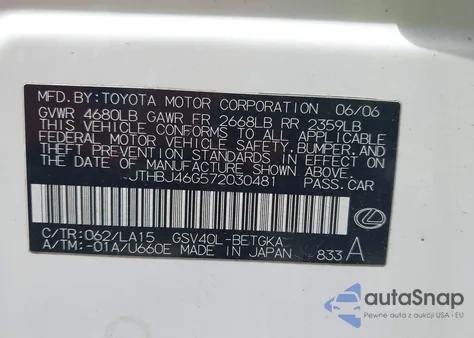 2007 Lexus Es 350 350 from USA, damaged, VIN JTHBJ46G572030481